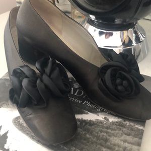 Vintage 1920’s Pair Of Black Silk Rosette Shoes 8M